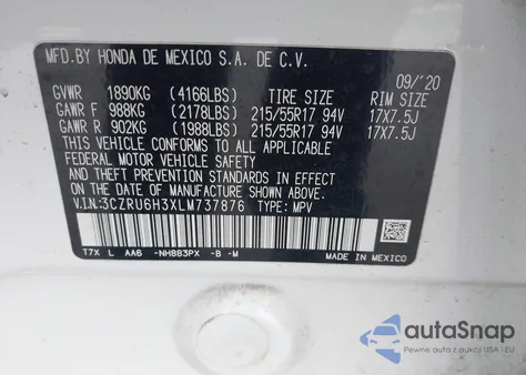 2020 Honda Hr-V Awd Lx z USA, uszkodzony, nr VIN 3CZRU6H3XLM737876